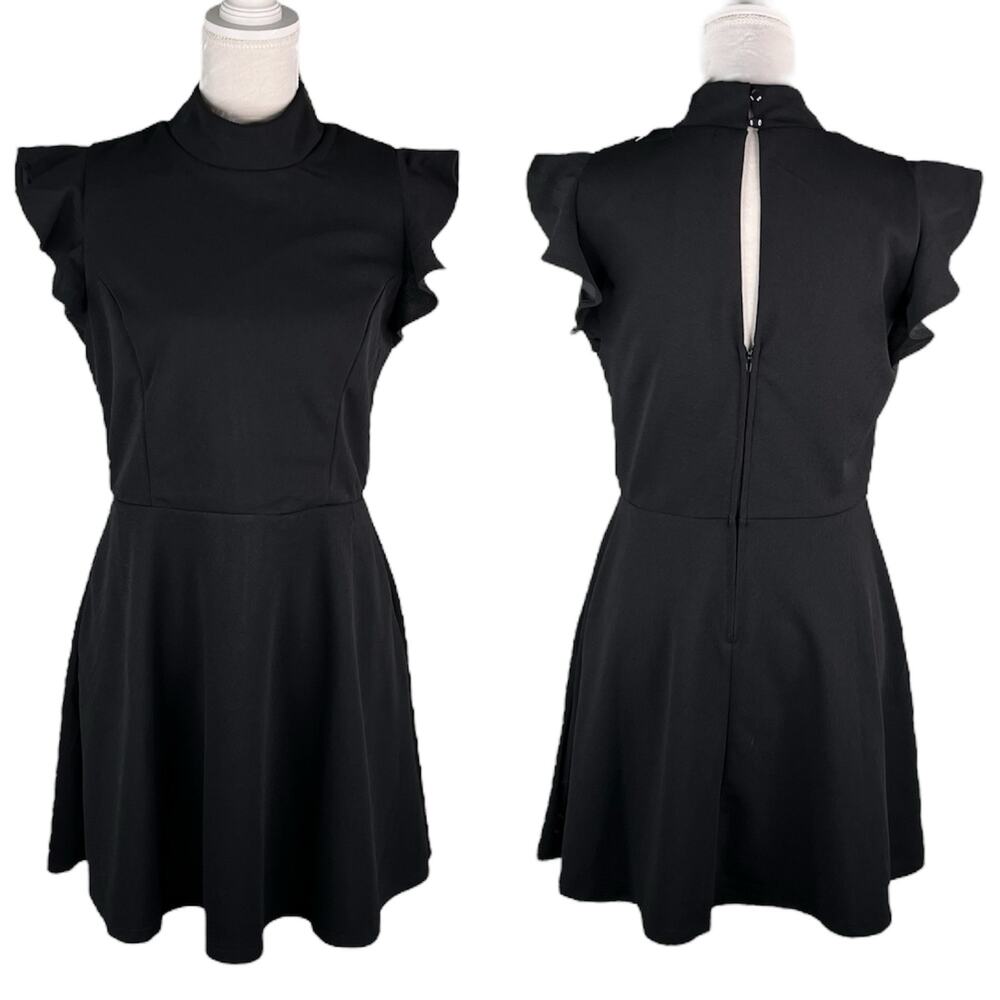 Trixxi Dress Black Large Stretch Keyhole Ruffle Sleeves New